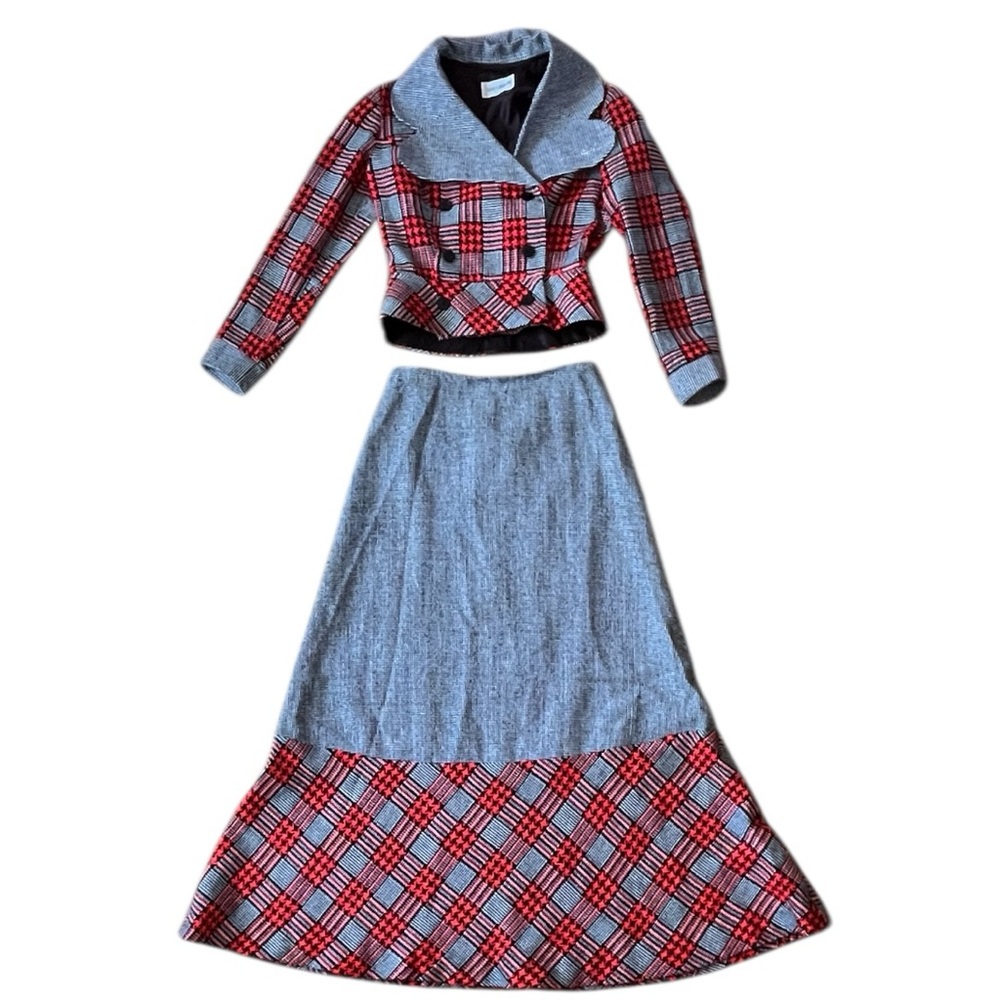 Vintage 70s Gay Gibson Plaid Houndstooth Two-Piece Set | Skirt Suit